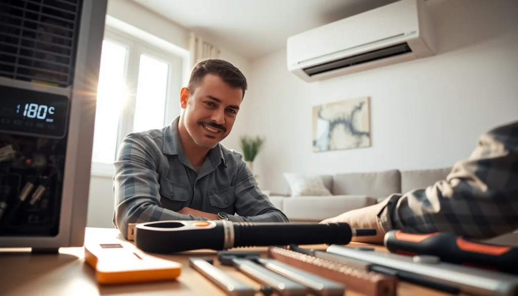 Technician performing ac repair phoenix az in a bright residential living room, showcasing expertise and tools.