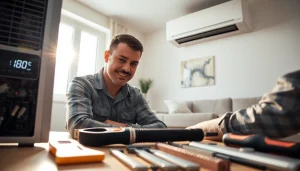 Technician performing ac repair phoenix az in a bright residential living room, showcasing expertise and tools.