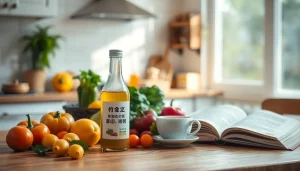 木製のキッチンカウンターの上に新鮮な食材とともに置かれた健康的な葉酸サプリ。