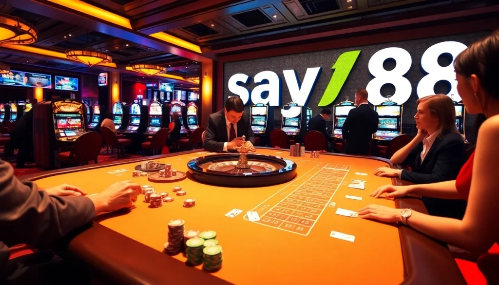 Engaging gamblers at a luxurious casino table with gaming elements featuring say88