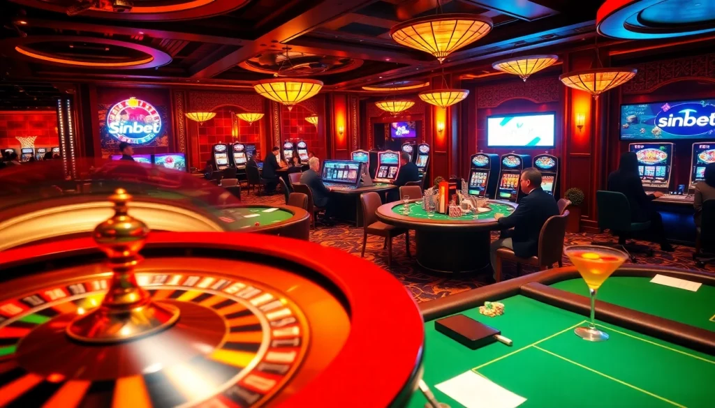 Experience thrilling gaming at sinbet.ink with lively casino tables and vibrant slot machines.