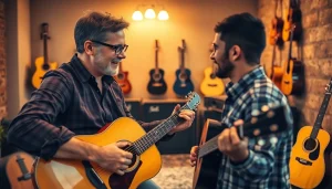 Engaging guitar lesson at https://guitarlessons.co.uk with instructor and student in a warm music studio.