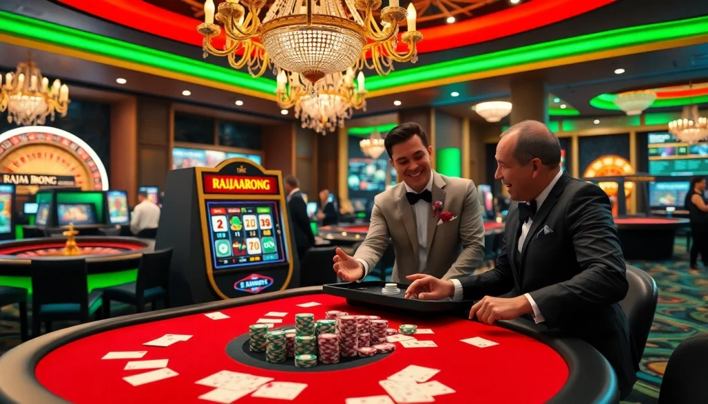 RAJABARONG showcases a luxurious slot machine and poker table in a high-stakes casino environment.