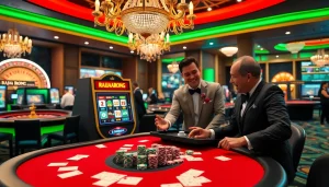 RAJABARONG showcases a luxurious slot machine and poker table in a high-stakes casino environment.