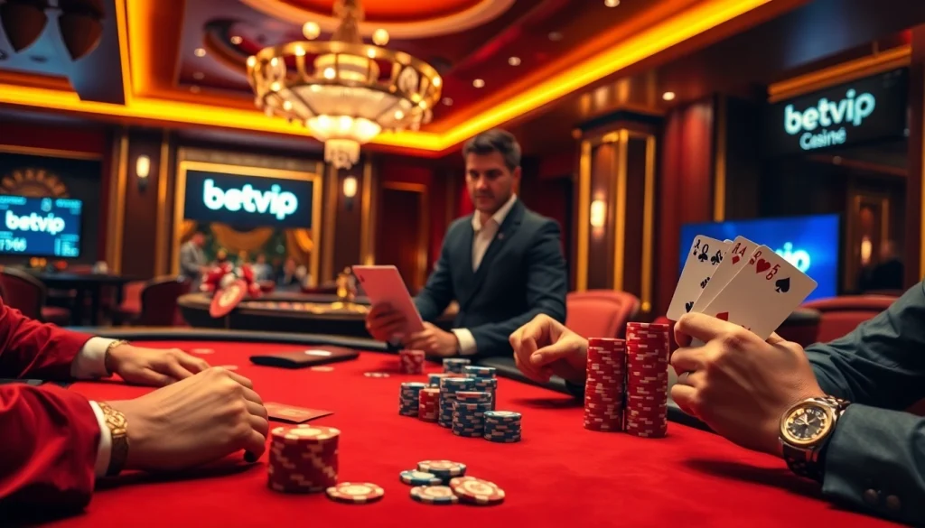 Người chơi đang tham gia poker tại bàn casino sang trọng có thương hiệu Betvip.
