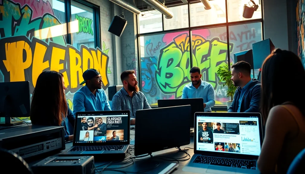 Vibrant hip hop publicist agency at work, showcasing professionals crafting music marketing strategies.