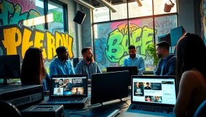 Vibrant hip hop publicist agency at work, showcasing professionals crafting music marketing strategies.