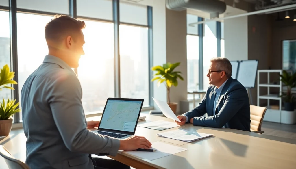 Engaging real estate consultation showcasing a professional agent in a vibrant office space.