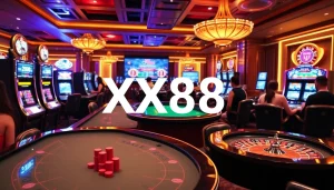 Epic gambling excitement at XX88 casino with poker tables and vibrant slot machines.