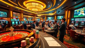 Excited players engaging in sports betting at the Vua99 casino, showcasing lively tables and vibrant atmosphere.