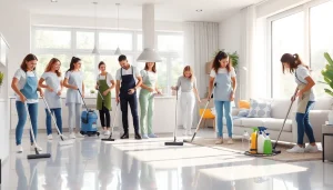 Cleaning service professionals performing various cleaning tasks in a bright and inviting home environment.