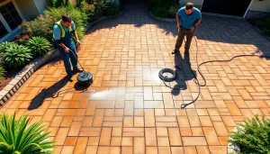 Čiščenje tlakovcev z visokotlačnimi tehnikami za živahen videz v profesionalnih zunanjih storitvah čiščenja.