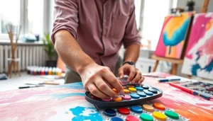 Artist creating colorful artwork with acrylics at https://acrylicpedia.com studio