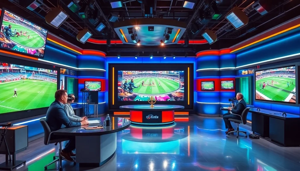 Engaging hosts in a vibrant studio at https://sportnation.nz discussing live sports events.