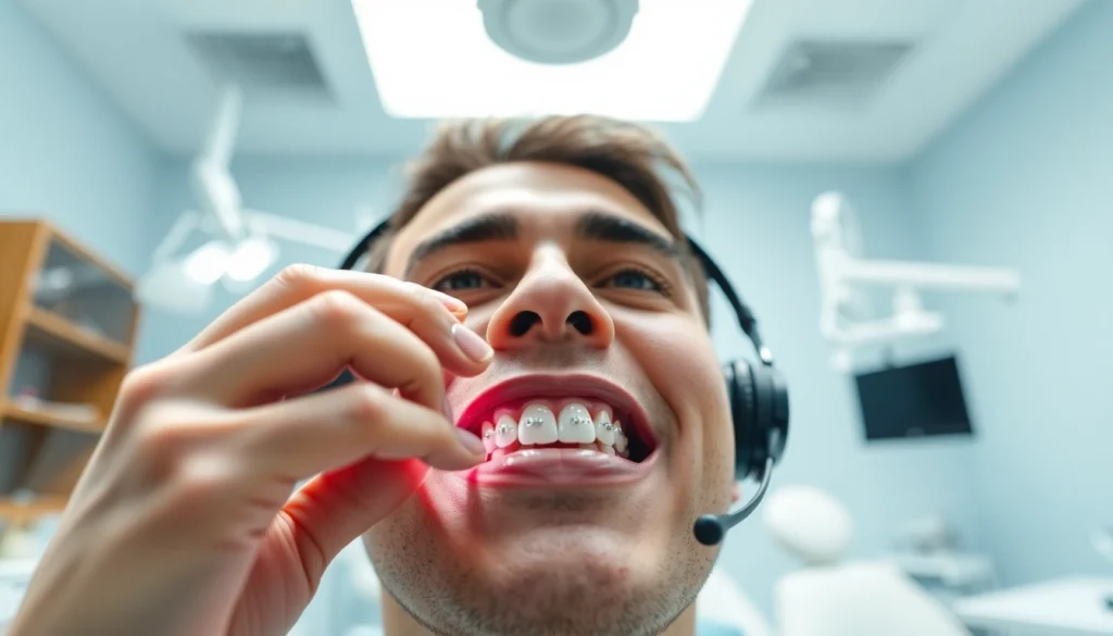 Practicing edmonton orthodontist applying braces in a modern dental clinic setting.