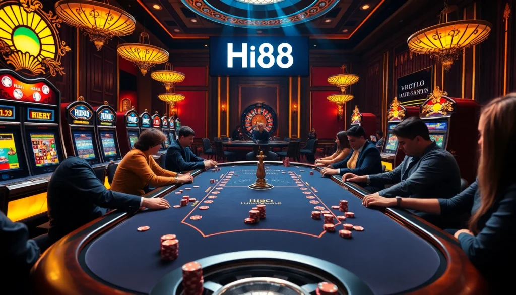 Hi88 poker table with players showcasing excitement in a vibrant casino atmosphere.