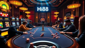 Hi88 poker table with players showcasing excitement in a vibrant casino atmosphere.