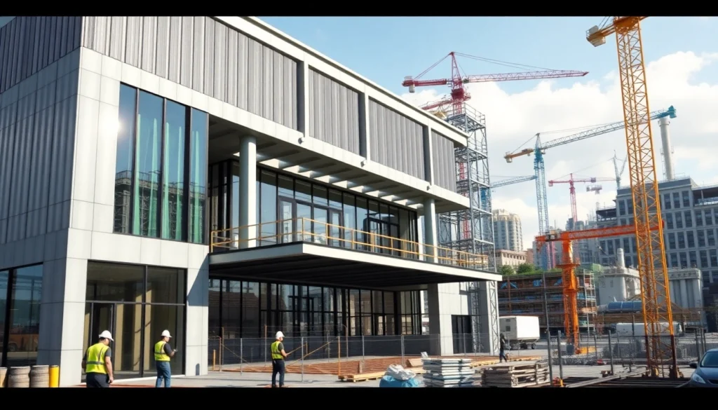 Steel structure design showcased in a bustling urban setting with construction workers collaborating.