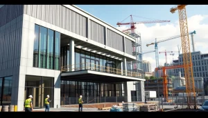 Steel structure design showcased in a bustling urban setting with construction workers collaborating.