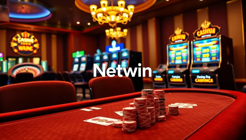 Netwin gaming experience featuring an elegant casino with poker tables and vibrant slot machines.