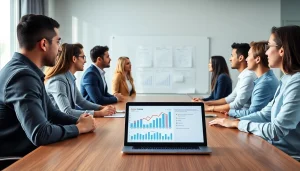 Engaged business professionals in a meeting discussing strategies and financials.