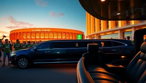 Luxury World Cup Group Transportation in a limousine outside an LA stadium.