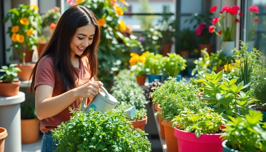 Gardening woman caring for herbs in a colorful urban garden setting.