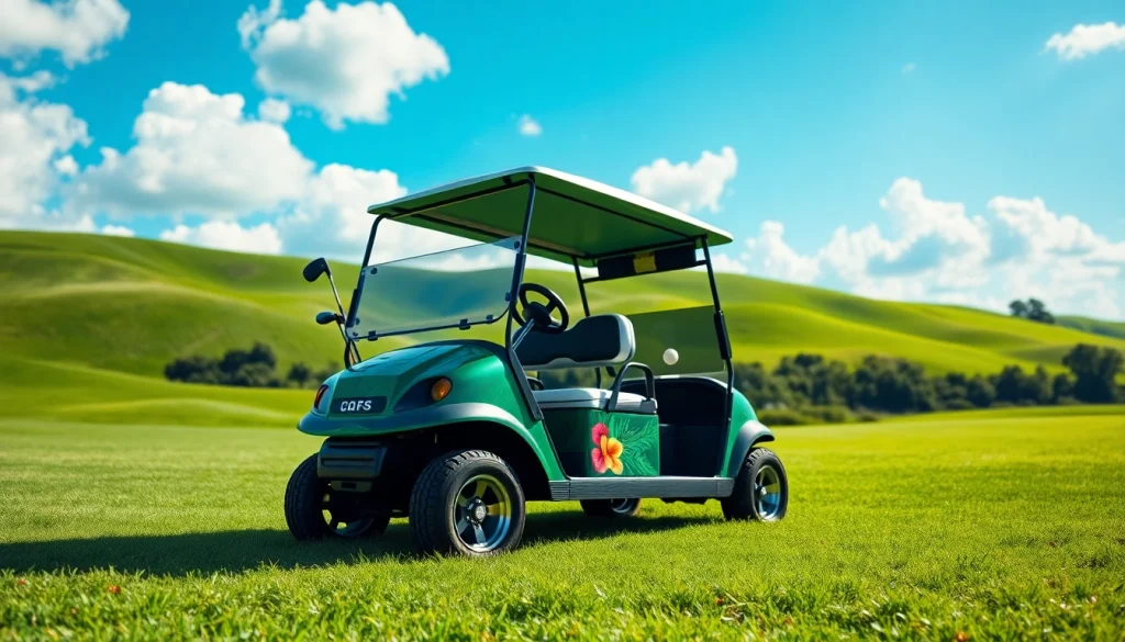 Custom golf carts parked on a vibrant golf course, emphasizing design features and personalization.