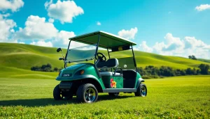 Custom golf carts parked on a vibrant golf course, emphasizing design features and personalization.