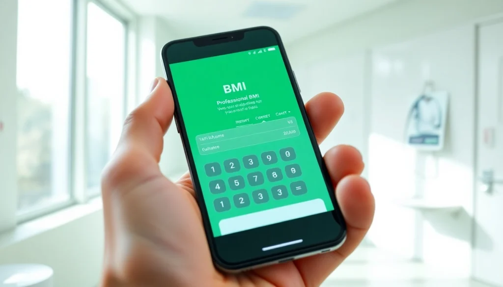 Interactive bmi calculator on a smartphone alongside a health-focused setting.