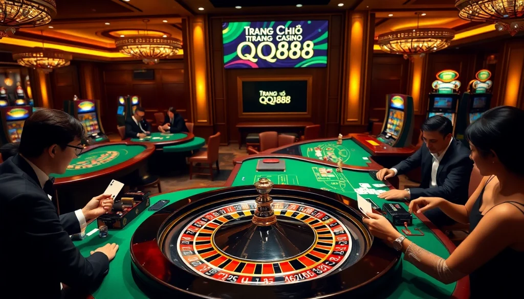 Exciting gameplay at Trang Chủ QQ88 with players engaging in casino games and vibrant roulette.