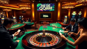 Exciting gameplay at Trang Chủ QQ88 with players engaging in casino games and vibrant roulette.