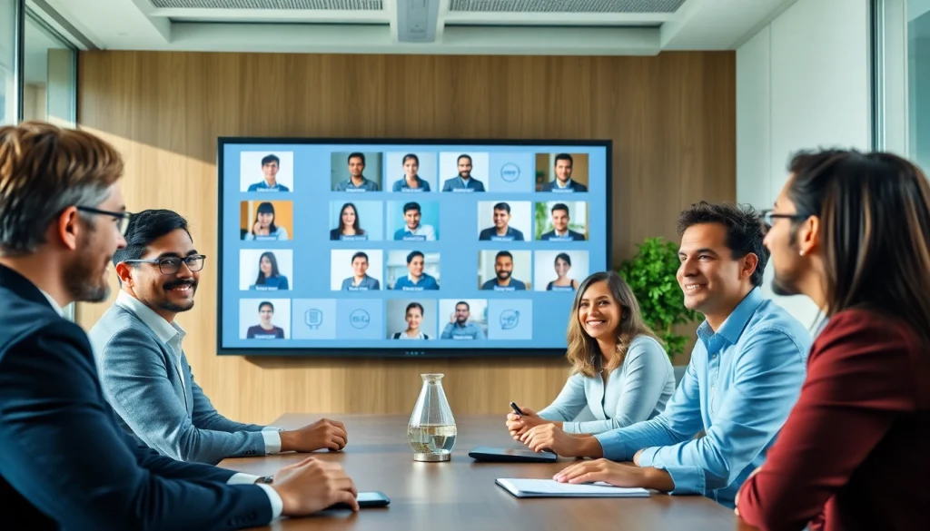 Engaging professionals using on-demand interpretation services in a collaborative conference room.