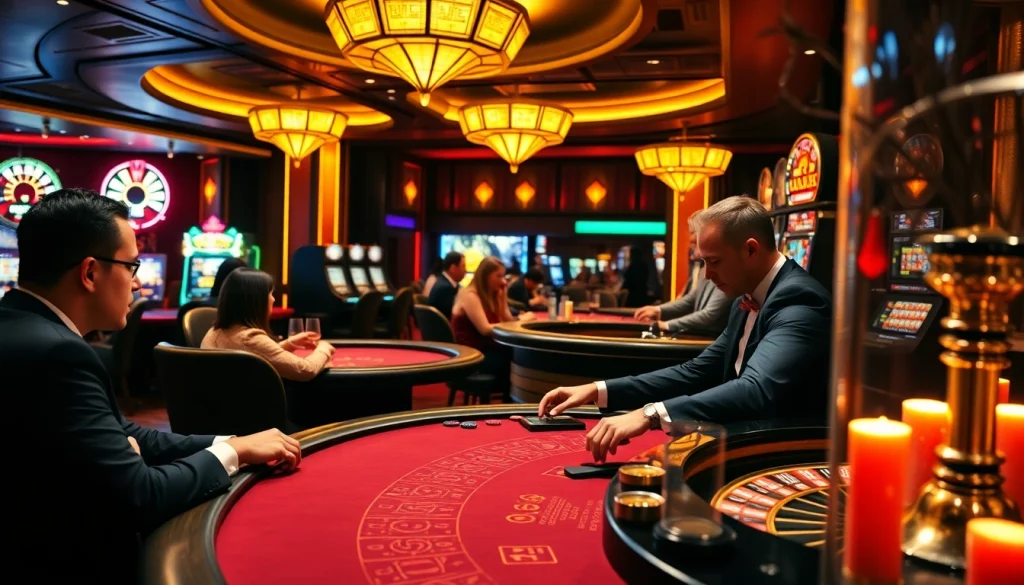 MMOO casino scene with players engaged in poker, roulette, and slot machines.