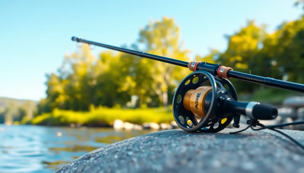Showcasing a Fly fishing combo set against a serene river backdrop to highlight fishing adventure.