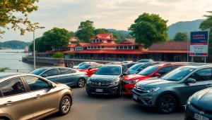 Kuching car hire services with scenic riverfront view and diverse vehicles.