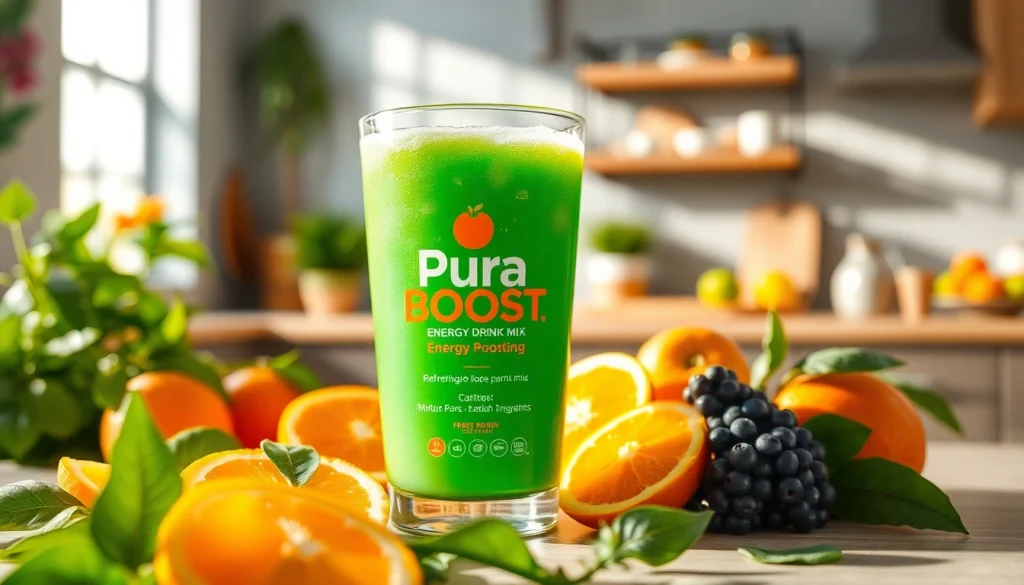 PuraBoost energy drink mix in a vibrant kitchen with fresh ingredients, highlighting its health benefits.