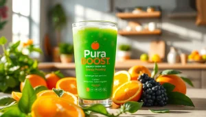 PuraBoost energy drink mix in a vibrant kitchen with fresh ingredients, highlighting its health benefits.
