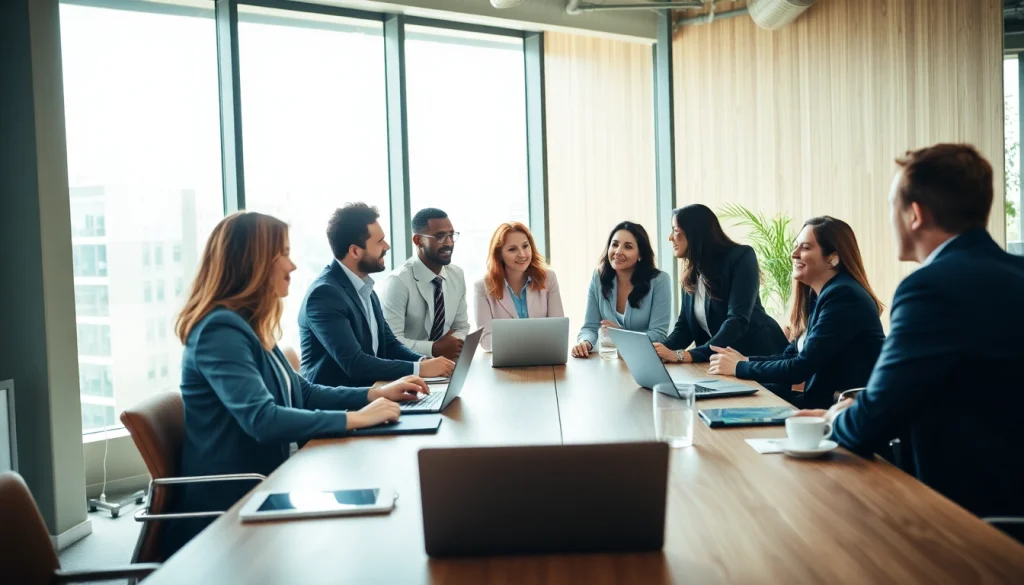 Engaged professionals collaborating in a modern business environment with light-colored decor.