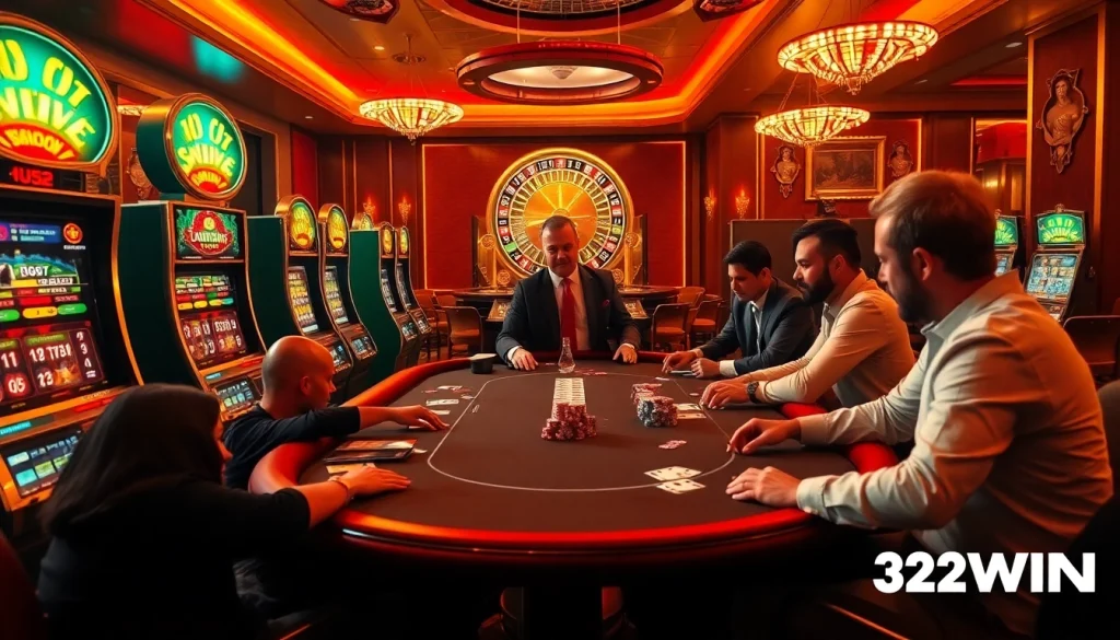 32WIN players intensely engage at a luxurious poker table amid vibrant casino lights.
