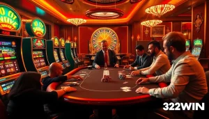 32WIN players intensely engage at a luxurious poker table amid vibrant casino lights.