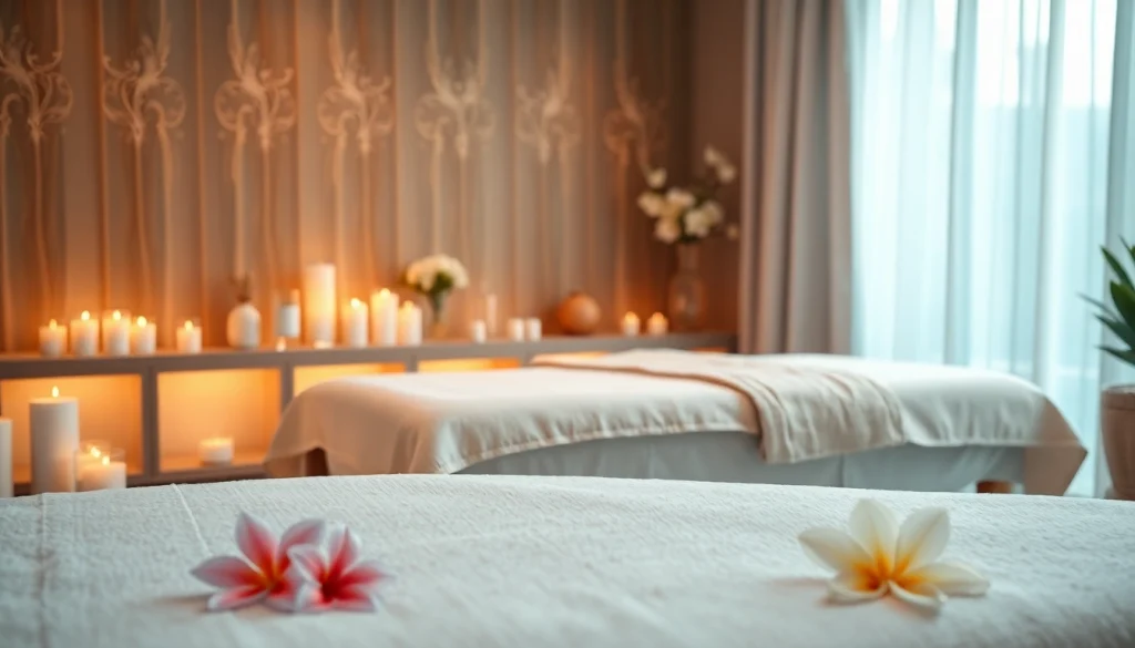 마사지 테이블과 아로마 오일로 꾸며진 편안한 마사지 공간