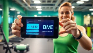 Calculate your BMI using a modern bmi calculator in a vibrant gym setting with fitness equipment.