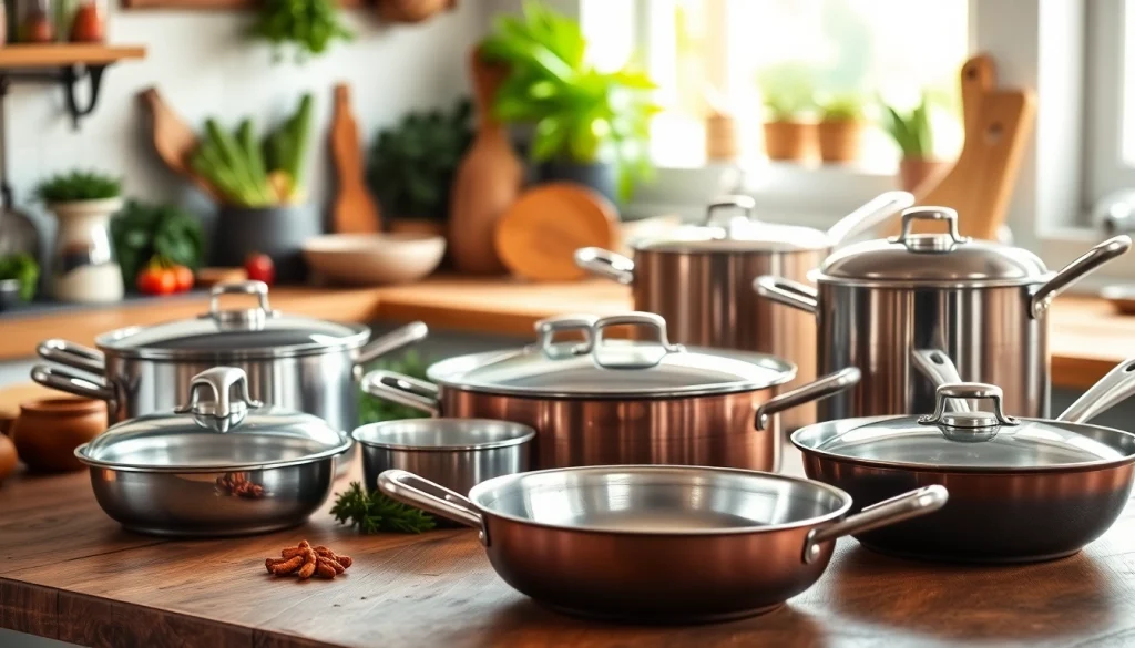 Showcase of high-quality cookware NZ organized on a wooden countertop, designed for appealing cooking.