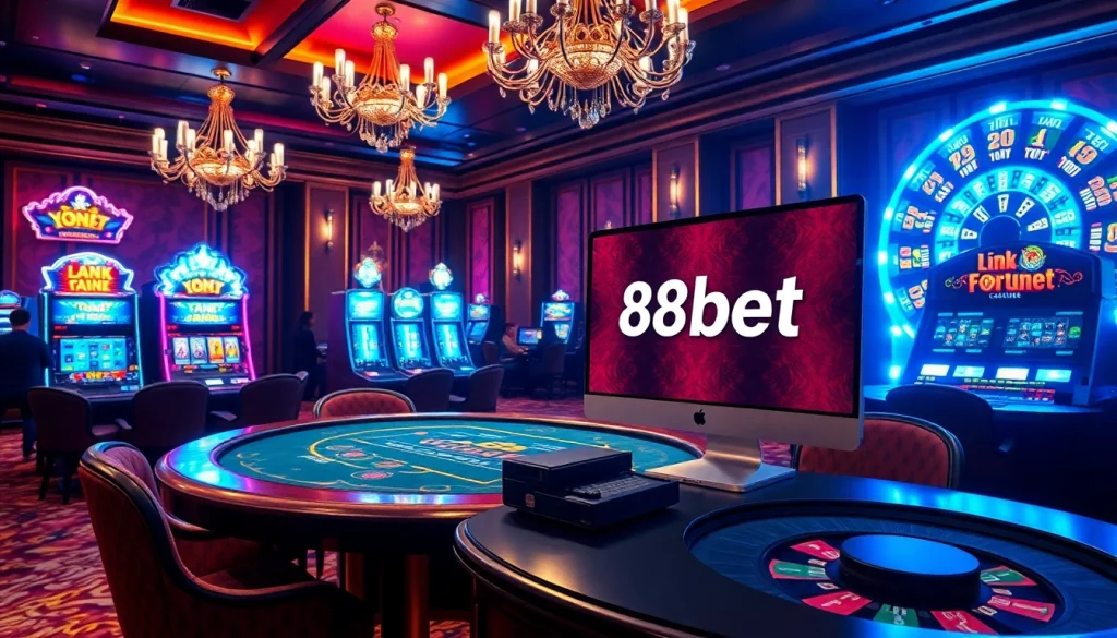 Experience the thrill of gaming with link vào 188bet in a vibrant online casino scene featuring poker tables, slot machines, and a roulette wheel.