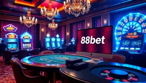 Experience the thrill of gaming with link vào 188bet in a vibrant online casino scene featuring poker tables, slot machines, and a roulette wheel.
