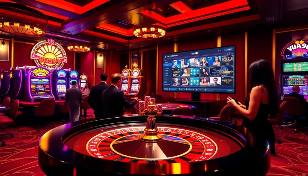 Vua99 casino players enjoying roulette and slot machines in an elegant setting