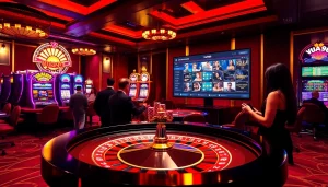 Vua99 casino players enjoying roulette and slot machines in an elegant setting