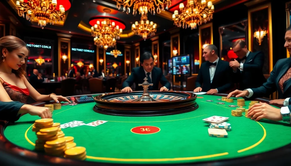 High-stakes poker at 789BET.COM with glamorous players and vibrant casino tables.