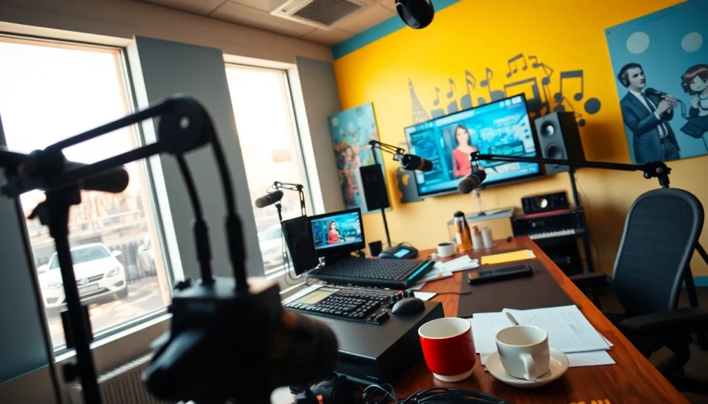 Engaging broadcasting scene at hometownstation.com with high-tech audio equipment and vibrant decor.